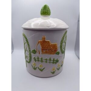 Cookie Jar Canister Made in Japan House & Tree Vintage Fred Roberts raised dot